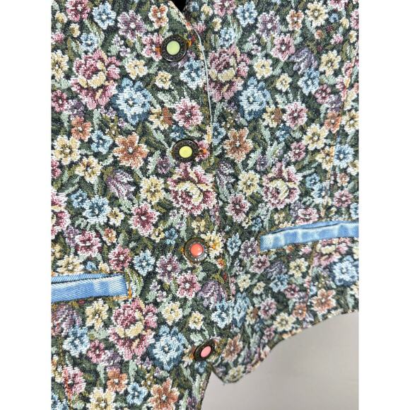 VTG Cottage 90s Womens Vest Needlepoint Floral Denim Tapestry Large joujou - Picture 3 of 7